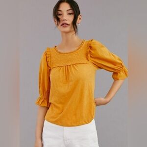 Anthropologie Smocked Puff Sleeve Peasant Knit Ruffle Top XS Goldenrod